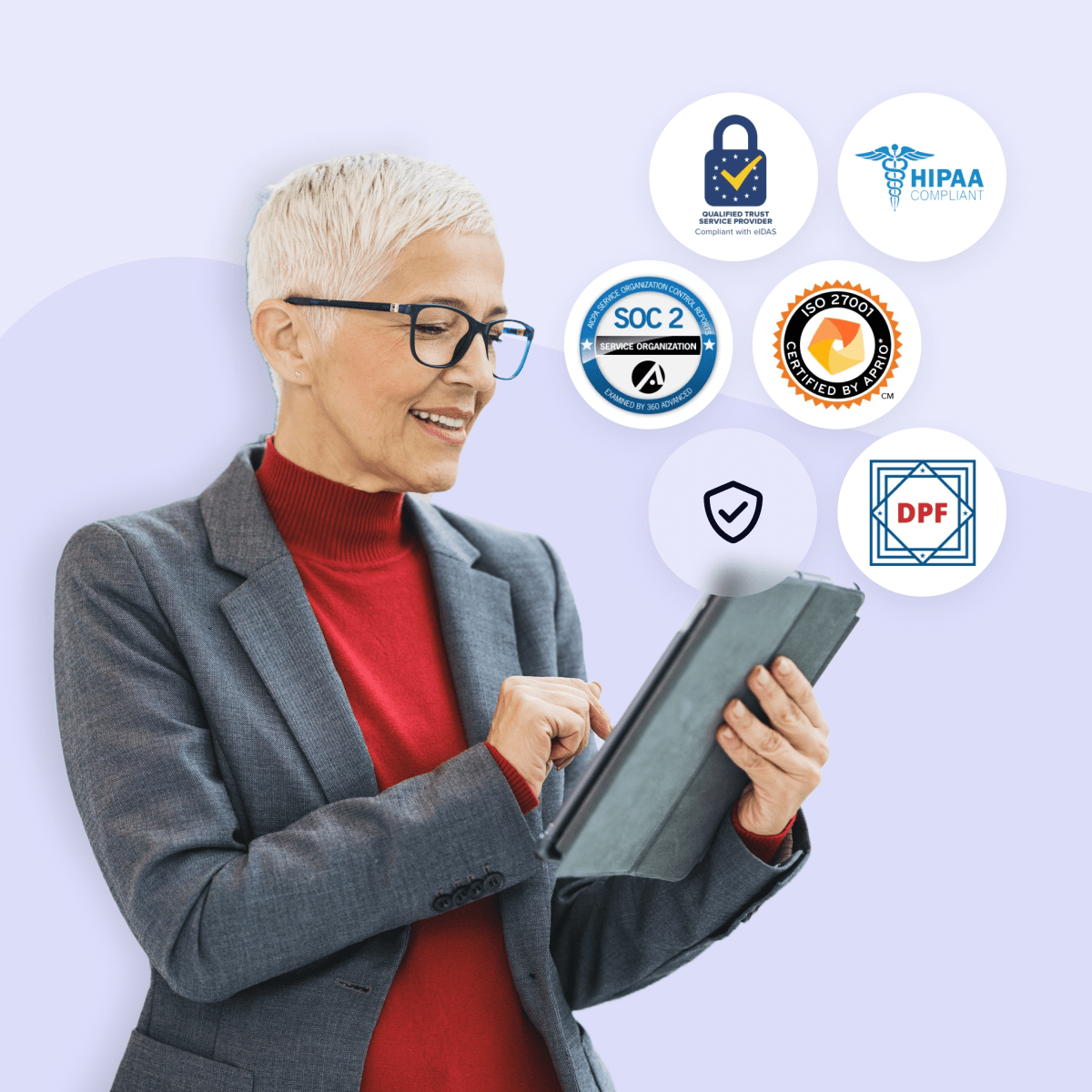 Woman using tablet surrounded by security and compliance icons